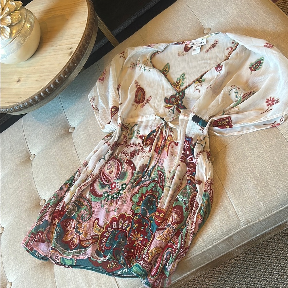 Rhona Sutton Creme Floral Beaded Sequenced Printed Swim Cover Up Tie Waist